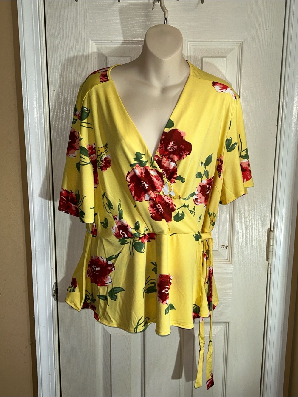 Alex & Parker Yellow Floral Wrap Top with Red Blooms